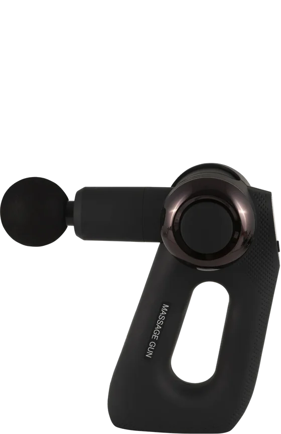 EXELLEON MAGUN multi-angle massage gun, with its arm also shown at 45 and 90 degrees